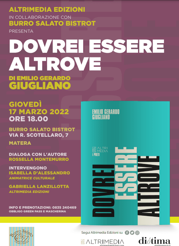 Giovedì 17 marzo a Matera da Burro Salato Bistrot presentazione della nuova raccolta di poesie di Emilio Gerardo Giugliano "Dovrei essere altrove"