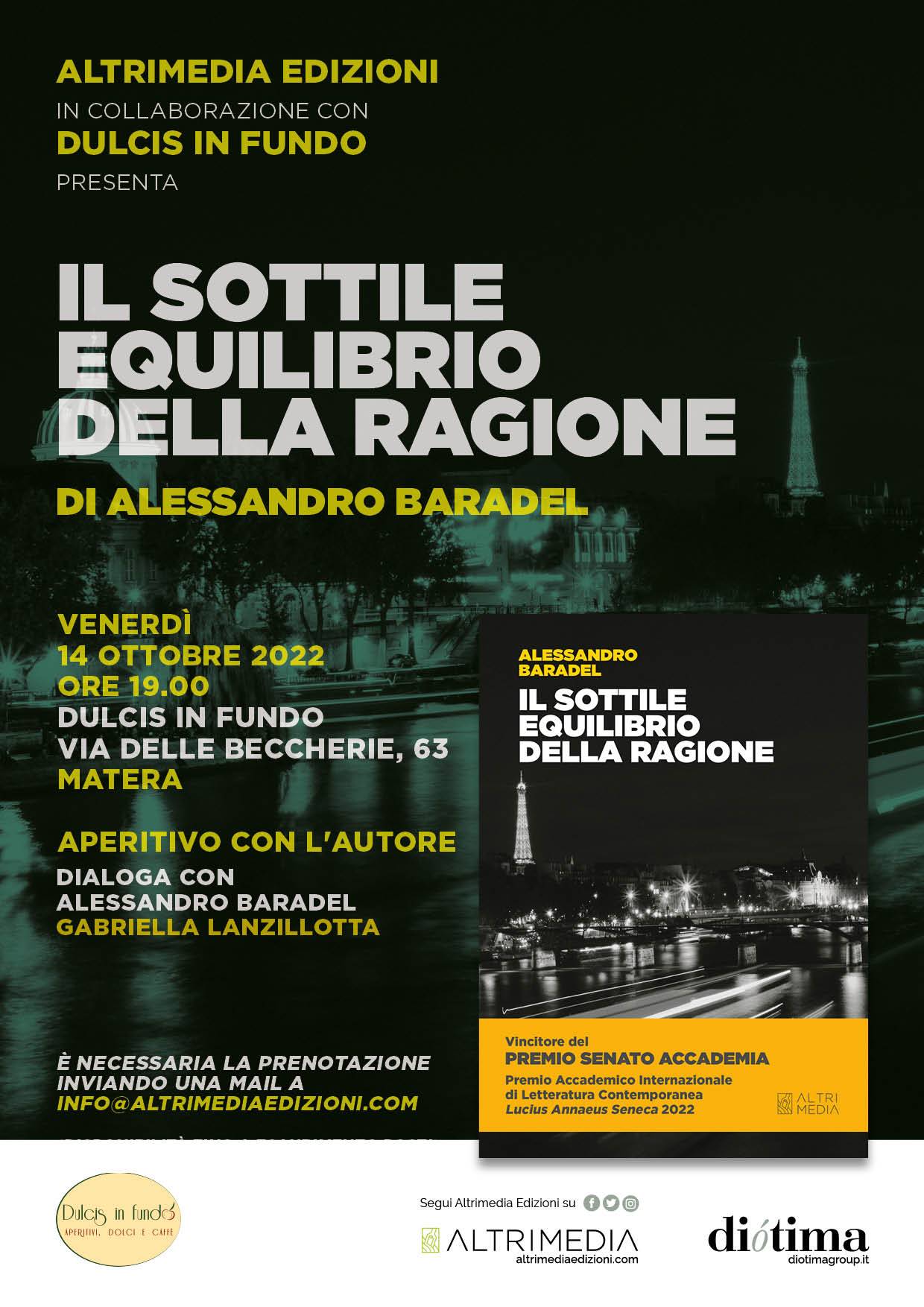 “Il sottile equilibrio della ragione” di Alessandro Baradel, presentazione il 14 ottobre a Matera presso Dulcis in fundo