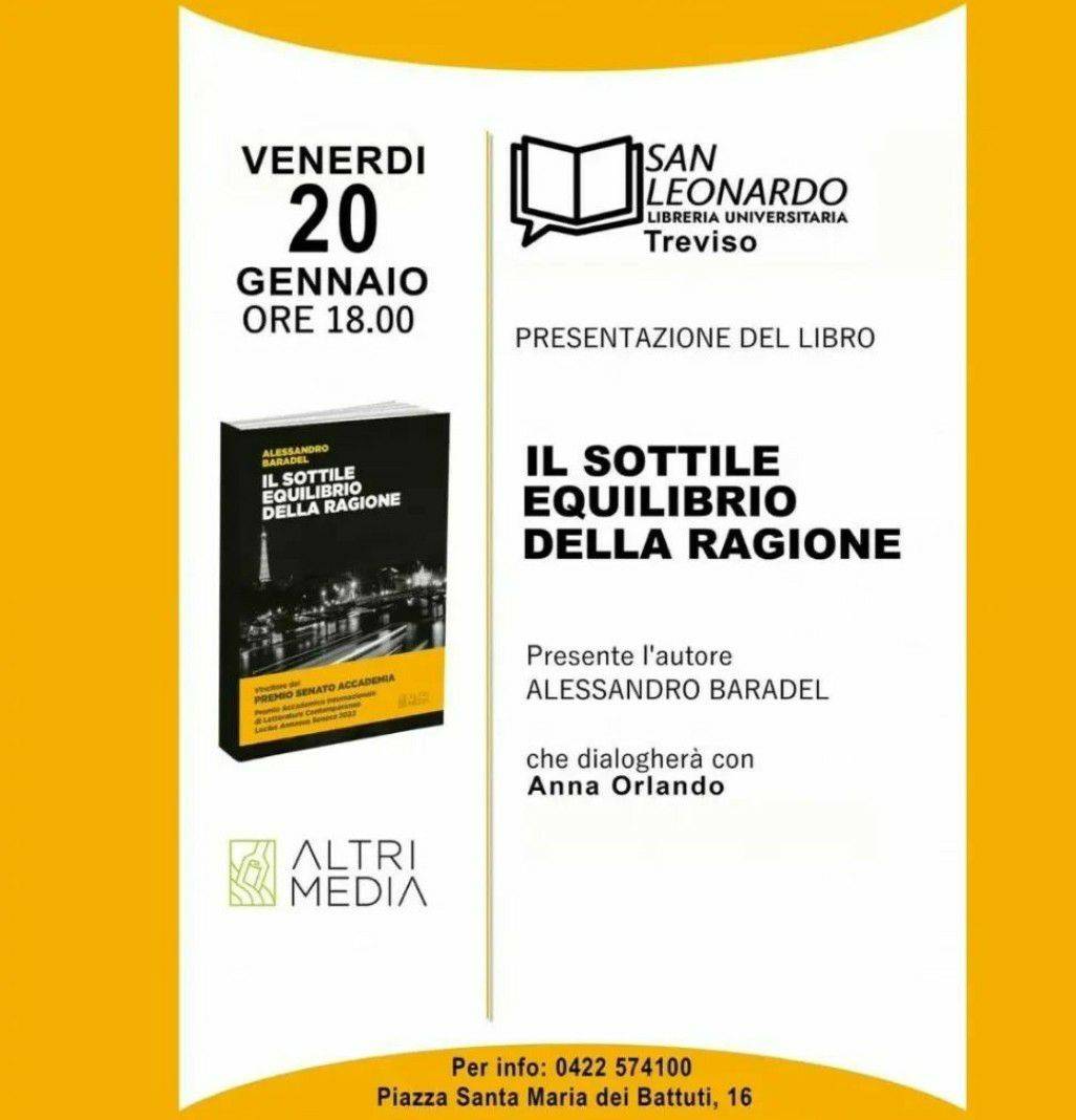 “Il sottile equilibrio della ragione” di Alessandro Baradel: presentazione il 20 gennaio a Treviso