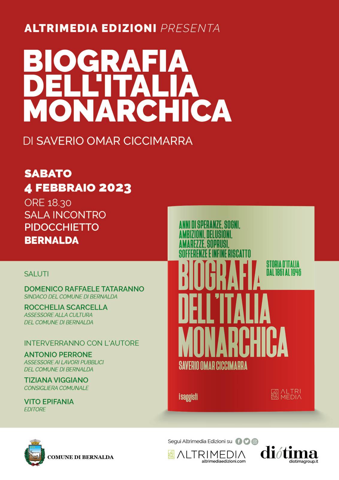 "Biografia dell'Italia monarchica. Storia d'Italia dal 1861 al 1946" di Saverio Omar Ciccimarra: presentazione il 4 a Bernalda nella sala incontro Pidocchietto
